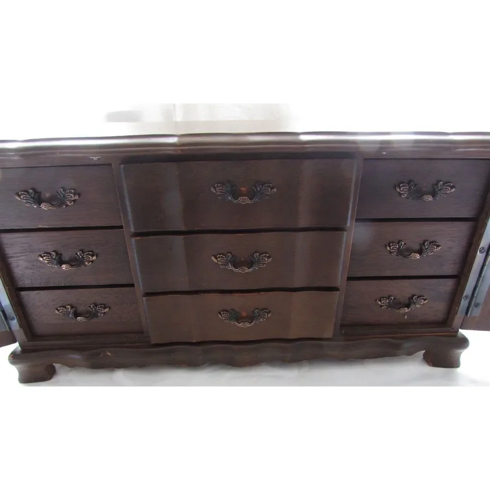 Vintage wood jewelry box 9 drawer, jewelry chest armoire Japan pine green velvet